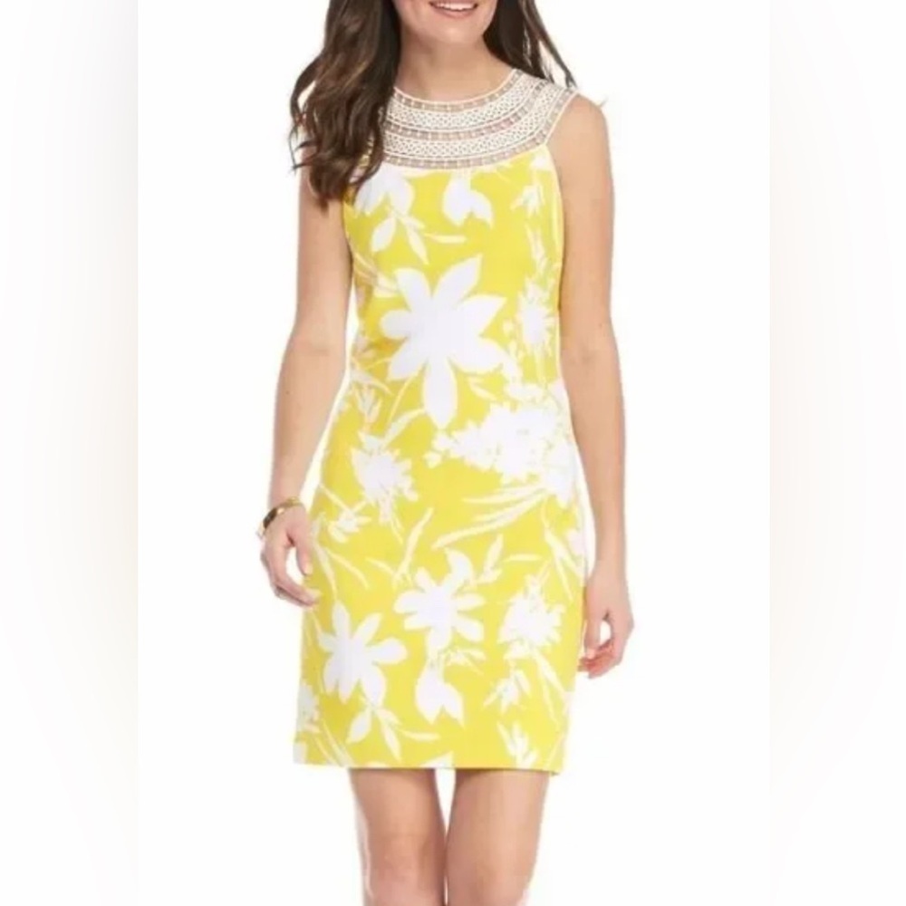 Jessica Howard Yellow White Floral Lace Bodycon Sheath Dress Woman’s Size 10